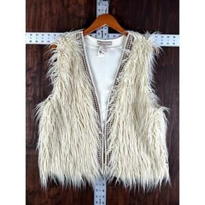 Flying Tomato Cream Faux Fur Vest Brown Rust Aztec Pattern Embroidery Medium NEW
